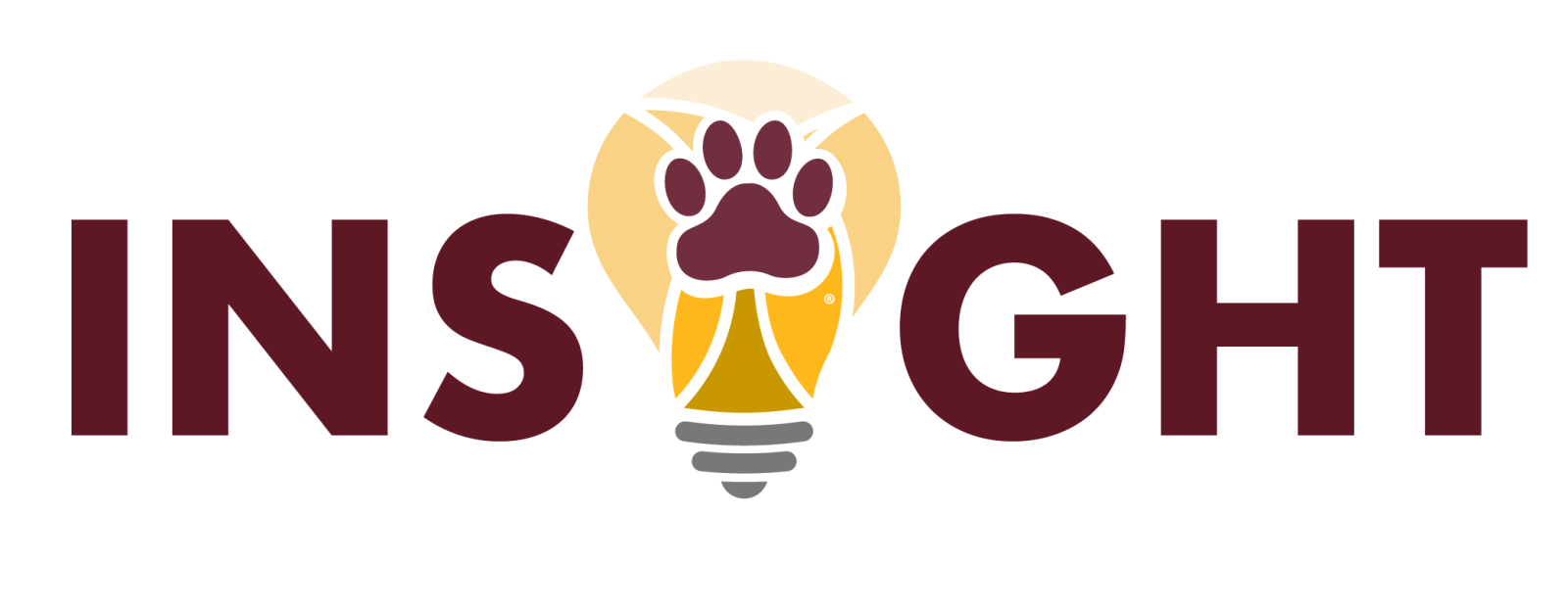 Horizontal Insight logo. The word "Insight" with the second letter "I" replaced with the Insight light bulb with a maroon paw print in the middle of it.